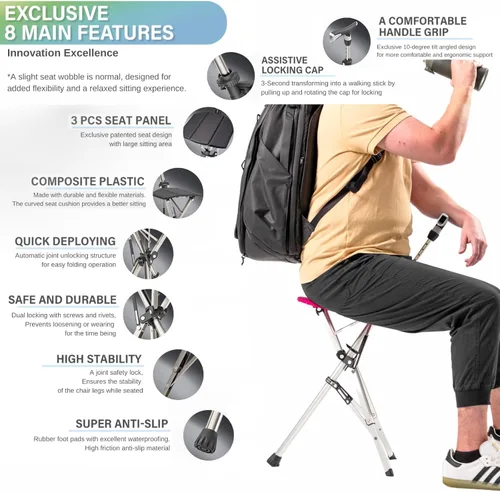 Miniatura 4 de Ta-Da Chair Series 1 Pro, Portable Trekking Hiking Pole, Folding Walking Stick with Seat, Walking Cane with Chair, Foldable Chair, Lightweight Rojo