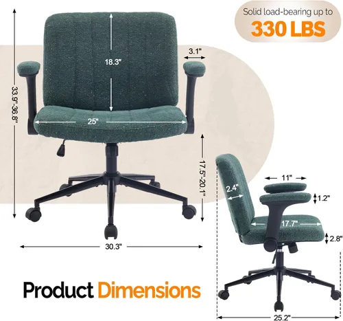 Miniatura 2 de VINGLI Silla cruzada con brazos abatibles ajustables, silla de patas cruzadas con ruedas, silla de oficina extra ancha, silla de escritorio