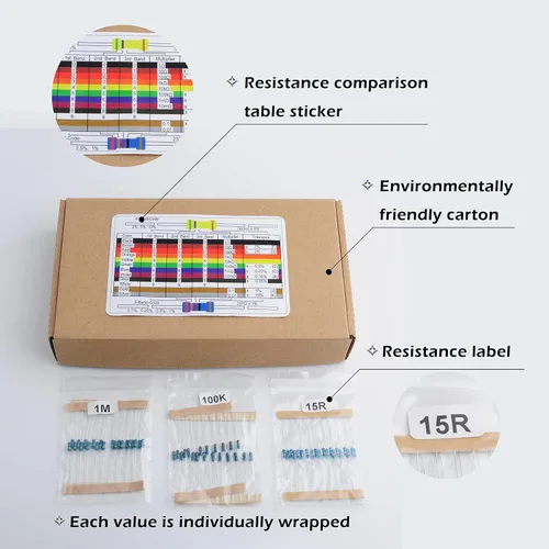 Miniatura 4 de 1460pcs 1/4W 73 valores 1% de tolerancia de resistencia electrónica de película metálica Kit surtido 10R-1M Ohm con una cinta adhesiva para Arduino