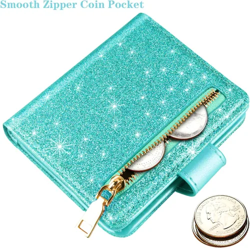 Miniatura 4 de Simikol Billeteras pequeñas para mujer Slim Minimalistfor Bifold Credit Card Holder para bolsillo o monedero, Glitter Tiffany