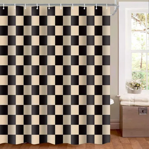 Miniatura 78 de Cortina de ducha a cuadros en blanco y negro, bonita cortina de ducha retro de tablero de ajedrez para decoración de baño, 72 x 72 pulgadas, cortina