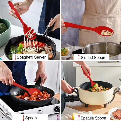 Miniatura 5 de LIANYU Utensilios de cocina de silicona roja de 12 piezas con soporte, juego de herramientas de cocina incluye espátula ranurada, cuchara, cucharón