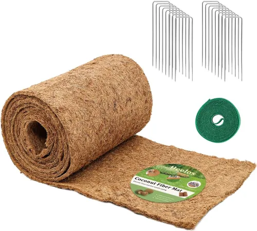 Miniatura 7 de Rollo de mantillo grueso para paisajismo, tapete de fibra de coco de 120 x 6.5 pulgadas con 16 estacas de acero en forma de U y cinta de lazos