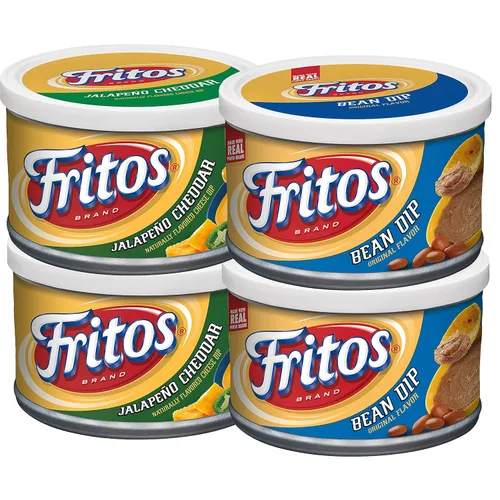 Fritos - Paquete variado de patatas de maíz, salsa de frijoles y salsa de jalapeños con cheddar, latas de 9 onzas (paquete de 4)
