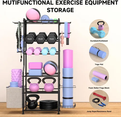Miniatura 4 de Estante para mancuernas, almacenamiento de gimnasio en casa para pesas rusas, esterilla de yoga y equipo de entrenamiento de fuerza, estante