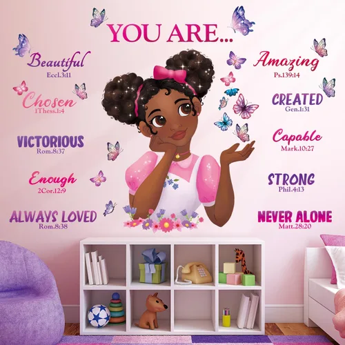 DECOWALL SG2-2315 Pegatinas de Pared Black Girl Magic Calcomanías Dormitorio de Niñas Mariposa Habitación de Niños Arte Decoraciones para Niños