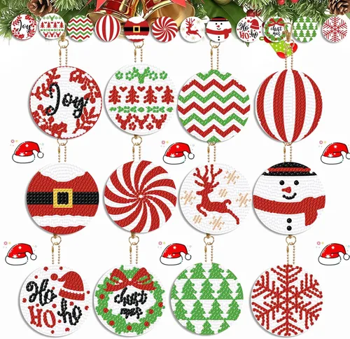 Kit de llavero de diamante de Navidad DIY, 12 piezas, llavero de arte de Navidad, adorno colgante de diamante 5D, decoración artesanal para