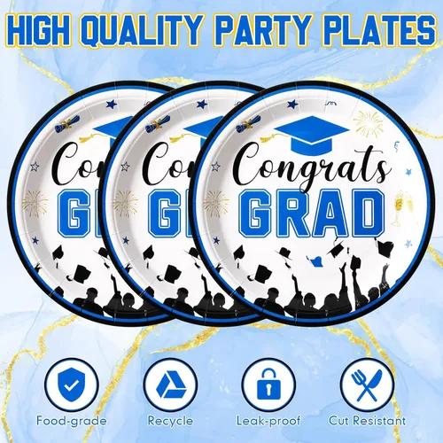 Miniatura 4 de Sabary 100 platos de postre de papel de graduación 2026, color azul y negro, 7 pulgadas, suministros para fiestas de graduación, platos de clase