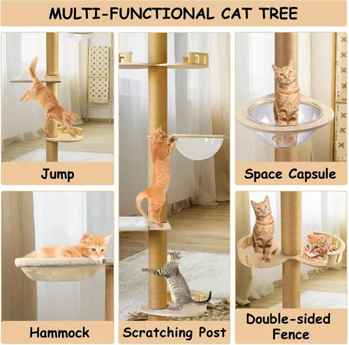 Miniatura 5 de Árbol para gatos del suelo al techo, torre para gatos de altura ajustable de madera maciza, árbol para gatos de 6 a 9.5 pies de alto con poste