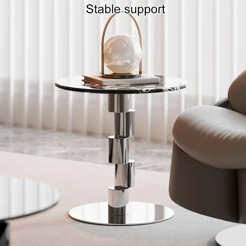 Miniatura 4 de Mesa auxiliar redonda, mesa auxiliar con patrón de mármol, mesa de centro moderna, mesa de consola con base de acero inoxidable, mesa de cóctel