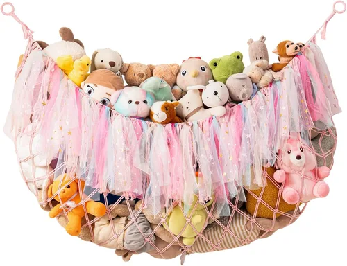 Miniatura 8 de Hamaca grande para animales de peluche, red para colgar en la pared de 59 pulgadas de largo para almacenamiento de animales de peluche, hamaca