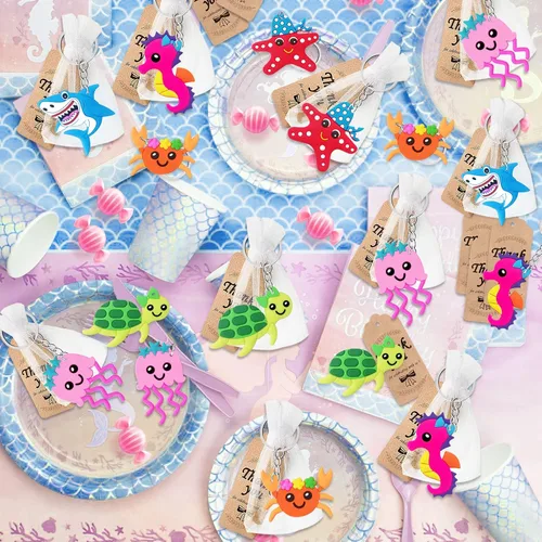 Miniatura 6 de CiciBear Paquete de 54 regalos de regreso de fiesta del mundo marino con llaveros de criaturas marinas y etiquetas de agradecimiento para cumpleaños