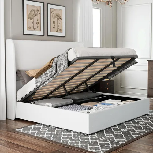 Miniatura 15 de Jocisland - Base de cama tamaño Queen con plataforma de almacenamiento abatible, tapizada en lino, con cabecera abatible moderna/almacenamiento