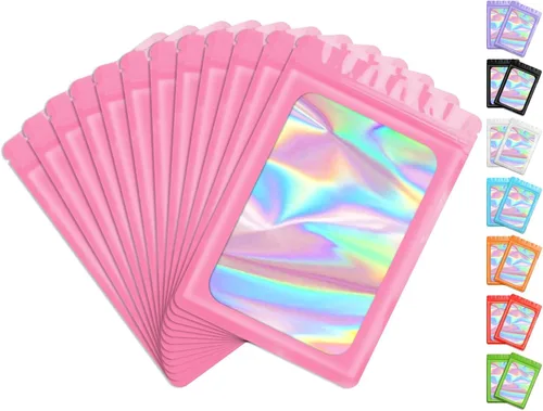 Miniatura 8 de FUNFERY 100 piezas de bolsas resellables transparentes holográficas, bolsas de embalaje a prueba de olores, bolsas de almacenamiento de alimentos