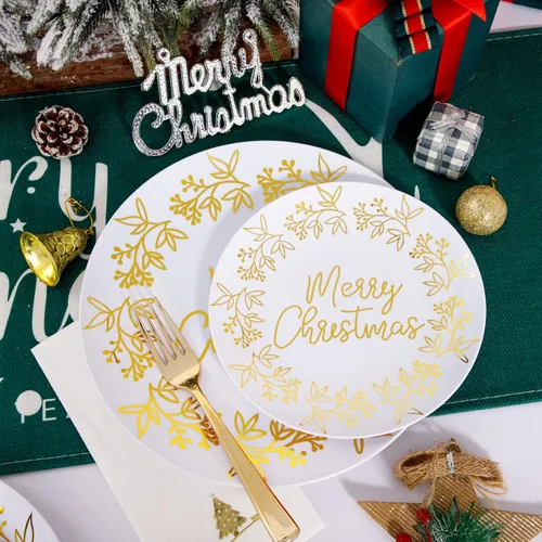 Miniatura 9 de Nervure 175 piezas de platos de plástico de Navidad - Juego de platos desechables blancos y dorados incluye 25 platos de cena, 25 platos de postre