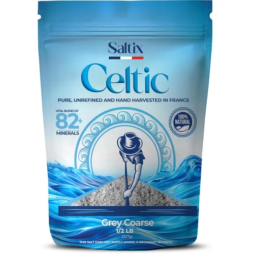 Saltix Sal marina gruesa gris 1/2 lbs (8oz) de la región celta de Francia, 100% natural, orgánica, sin refinar, más de 82 oligominerales y