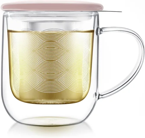 Teabloom Taza de té para uno: taza de vidrio aislada de doble pared (12 onzas), infusor de acero inoxidable, tapa de porcelana/posavasos - ideal