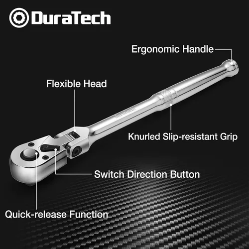 Miniatura 2 de DURATECH Manija de trinquete de 3/8 pulgadas con cabeza flexible, llave de trinquete de 72 dientes, de liberación rápida, interruptor reversible