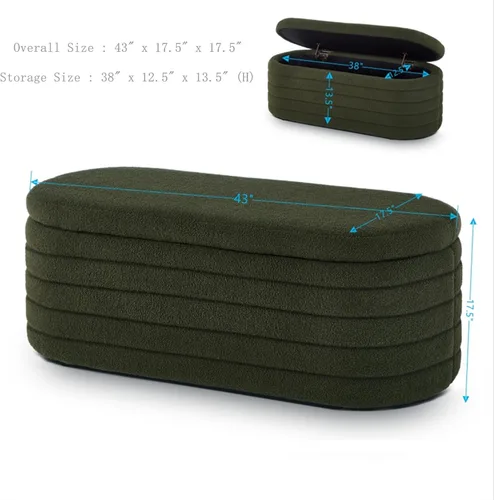 Miniatura 2 de Setawix Banco de almacenamiento de peluche verde para el extremo de la cama, banco de almacenamiento ovalado copetudo con canal, banco de asiento