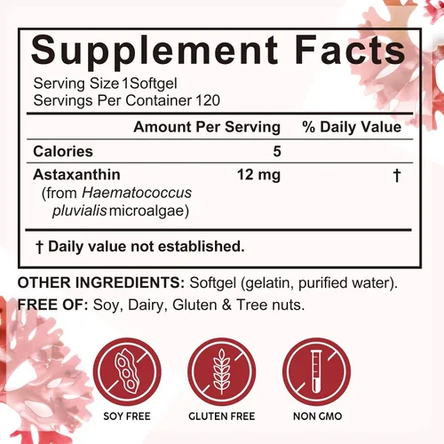 Miniatura 7 de Redshine Astaxantina 12 mg, de microalgas, triple fuerza, 120 cápsulas blandas, apoya los ojos, las articulaciones, la circulación interna, la salud