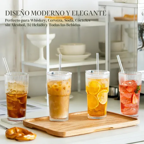 Miniatura 2 de KEMORELA Paquete de 2 vasos de vidrio acanalado de 20 onzas con tapas y pajitas de vidrio, tazas de café helado vintage, vasos reutilizables
