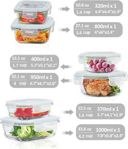 Miniatura 2 de Recipientes de vidrio para almacenar alimentos con tapas herméticas, paquete de 6 recipientes de vidrio súper a prueba de fugas con tapas, no se