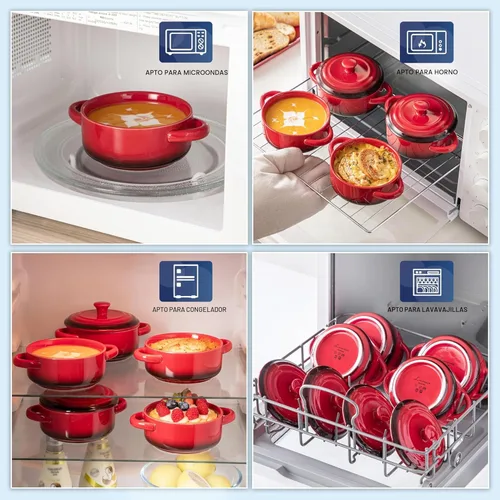 Miniatura 4 de LOVECASA Set Mini Cocotte, platos pequeños de cacerola de 12 oz con tapas, tazones de sopa con asas, ramequines de horneado individuales, aptos