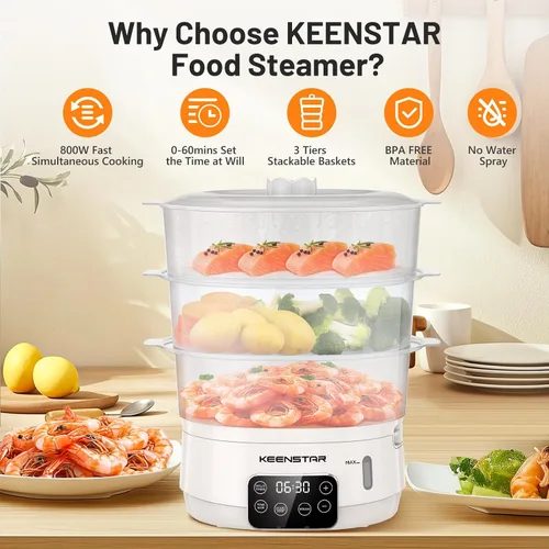Miniatura 3 de Vaporizador Eléctrico de 13.7QT para Cocinar, Vaporizador de Vegetales con 3 Niveles Libres de BPA, Vaporizador Digital con Programa, 800W de Cocina