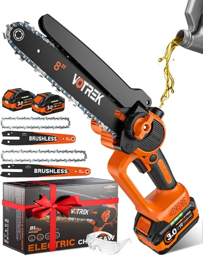 Regalo único para hombres: Mini motosierra inalámbrica de 8 pulgadas y 6 pulgadas, potente y segura motosierra eléctrica de mano con 2 baterías, el