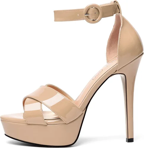 Miniatura 86 de MODENCOCO Sandalias de boda con correa de tobillo sexy para mujer, con plataforma y puntera abierta, tacón de aguja y tacón alto, zapatos de vestir