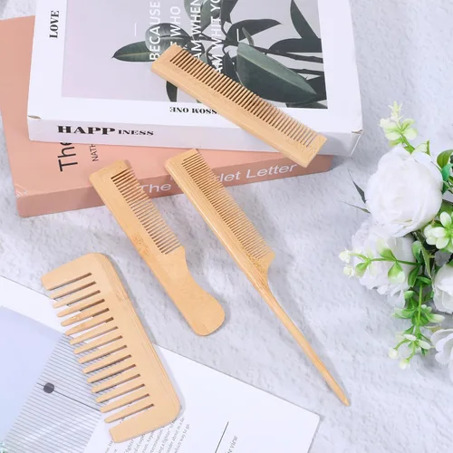 Miniatura 4 de Juego de 4 peines de madera para el cabello, peine de dientes anchos de madera, hecho a mano, de bambú, antiestático, para cabello rizado, grueso
