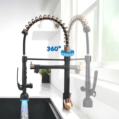 Miniatura 6 de Fapully - Grifo de fregadero de cocina comercial de una manija con rociador extraíble negro y oro rosa con luz LED