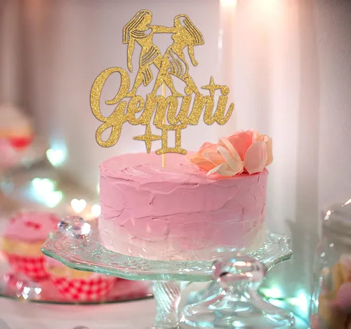 Miniatura 4 de Decoración de pastel de cumpleaños con purpurina dorada Géminis, decoración de pastel energético de Géminis grande, 12 constelaciones, temática