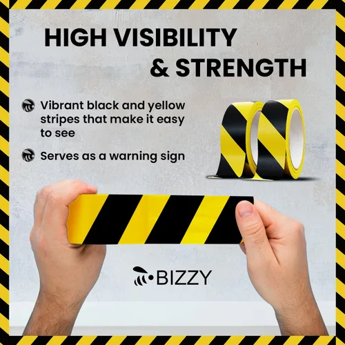 Miniatura 5 de Bizzy Cinta de seguridad negra y amarilla de 2 pulgadas x 108 pies industrial Cinta de precaución amarilla y negra para piso, cinta de cuidado