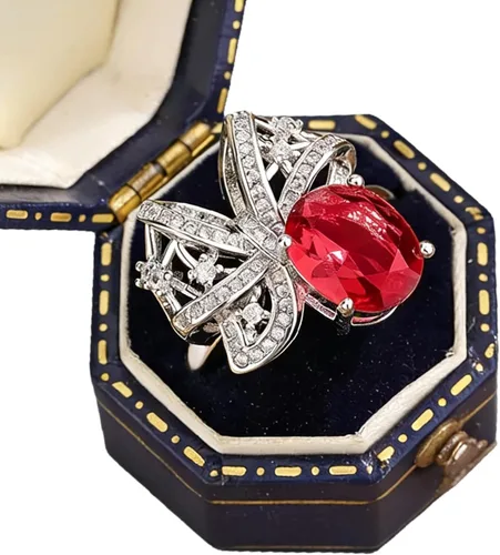 Miniatura 4 de Anillo de plata de ley 925 con diamantes completos y brillantes de oro de 18 quilates, anillos de cóctel de rubí de talla ovalada de 3 quilates