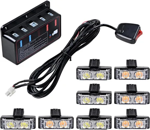 Miniatura 6 de 4 barras de luz estroboscópica ámbar + 4 luces estroboscópicas ámbar de advertencia de emergencia, 10 modos intermitentes para automóvil, SUV