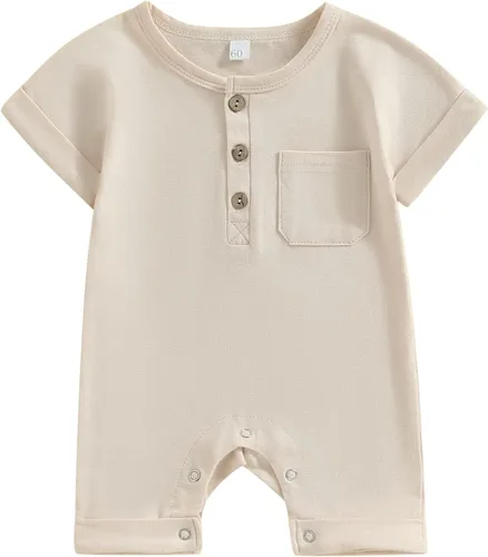 Miniatura 60 de Mameluco unisex de manga corta para bebé recién nacido, con botones, de una pieza, ropa de color sólido