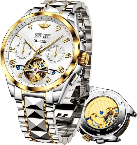 OLEVS Relojes mecánicos automáticos de esqueleto para hombre, 5ATM, impermeable, tungsteno, acero inoxidable, cuerda automática, relojes de pulsera