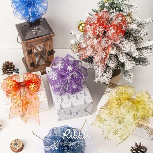 Miniatura 5 de Ribbli Cinta con alambre de purpurina de copo de nieve, organza dorada transparente con patrón de copo de nieve con purpurina dorada y borde