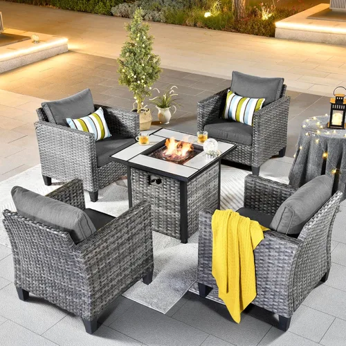 Miniatura 45 de ovios Juego de muebles de patio de 6 piezas, sillas giratorias de mimbre para exteriores con mesa para fogatas de 30 pulgadas, juego de mecedoras