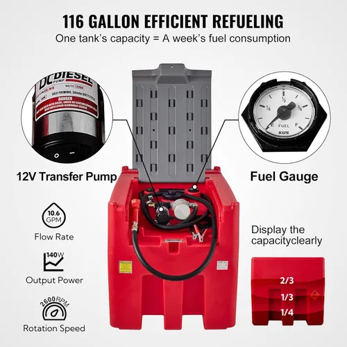 Miniatura 3 de VEVOR Tanque de combustible diésel portátil, capacidad de 116 galones y tasa de flujo de 10 GPM, tanque de combustible diésel con bomba