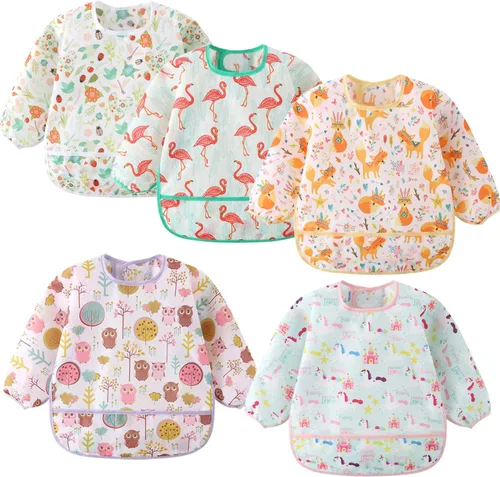 Paquete de 5 baberos de manga larga, baberos impermeables para bebés de 6 a 30 meses, reutilizables, con bolsillo para todo