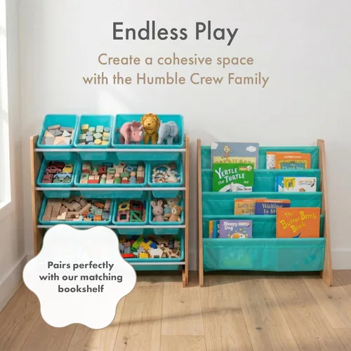 Miniatura 8 de Humble Crew Organizador de almacenamiento de juguetes para niños con 12 cubos de plástico, madera natural/aguamarina, contenedores extraíbles