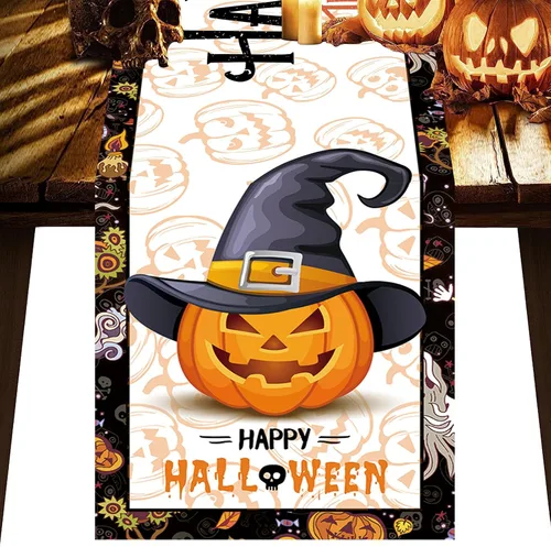 Camino de mesa de calabaza de Halloween, pintura de calabaza grande, decoración de Halloween, truco o trato, vintage, cocina, comedor, decoración de