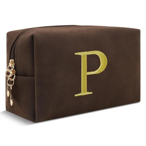 Miniatura 217 de Pequeña bolsa de maquillaje personalizada con inicial A-Z Preppy Patch, bolsa de cosméticos de viaje de felpilla blanca con cremallera, bonita bolsa