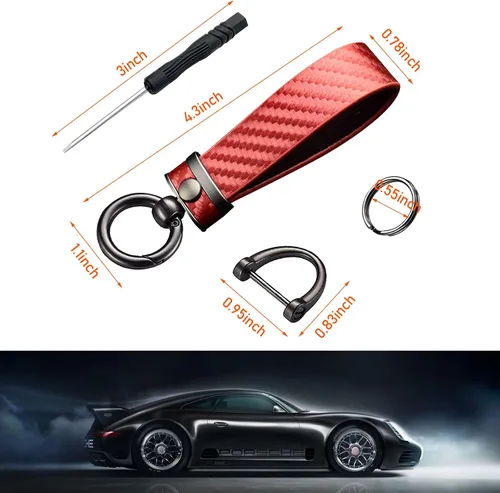 Miniatura 2 de Ziciner Llavero de coche de fibra de carbono, llavero universal de cuero de alta calidad, giratorio de 360 grados con anillo en D antipérdida
