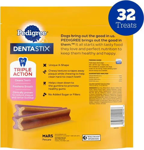 Miniatura 9 de Pedigree Dentastix Golosinas para Perros de Raza Grande de Doble Sabor, Tocino y Pollo, Bolsa de 1.47 lb (32 Golosinas)