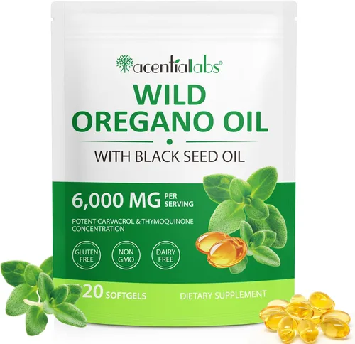 Aceite de Orégano, 6000mg de aceite de orégano con aceite de semilla negra 200mg, cápsulas de aceite de orégano orgánico, 120 geles blandos, 165mg