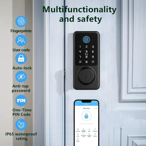 Miniatura 5 de Cerradura de entrada sin llave para puerta delantera, cerradura de puerta de huellas dactilares con teclado de pantalla táctil, cerrojo electrónico