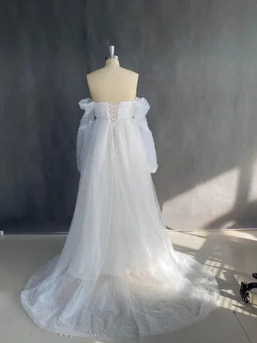 Miniatura 9 de SUOLUOS Vestidos de maternidad de tul perlado para sesión de fotos, hombros descubiertos, lencería nupcial, vestidos de embarazo para baby shower